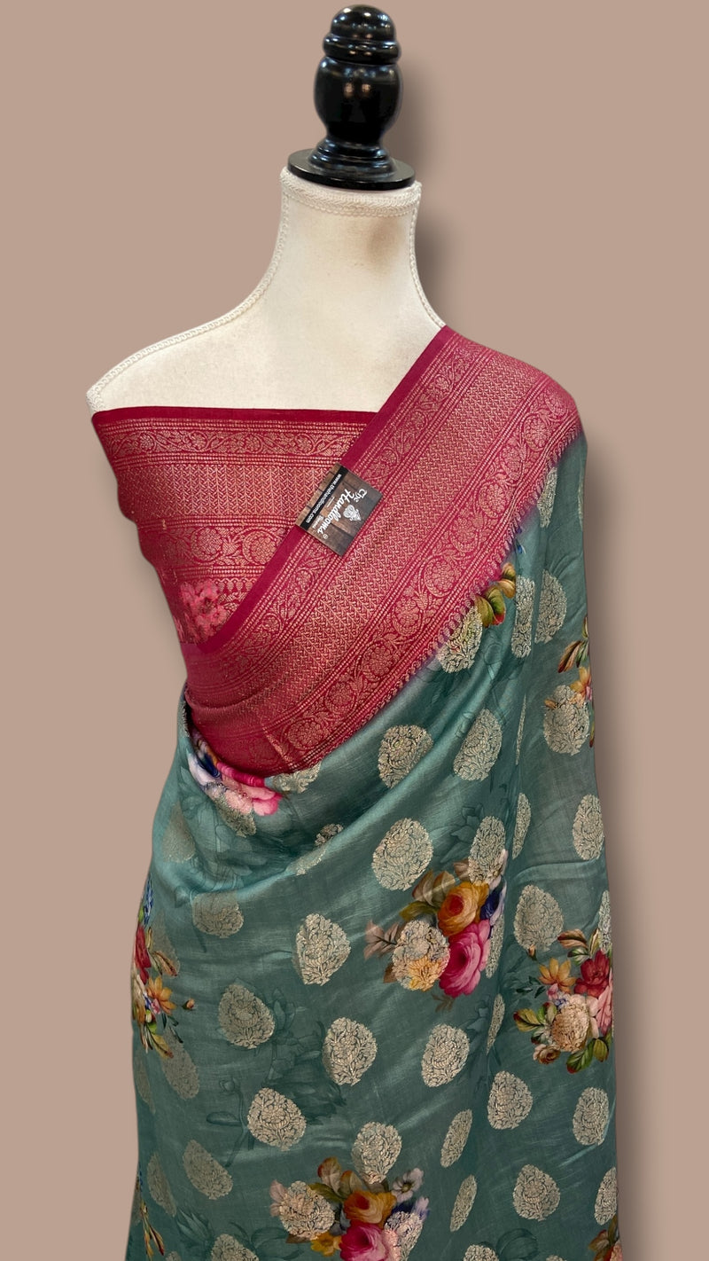 Pure Chiniya Silk Handloom Banarasi Saree Digital Print - The Handlooms