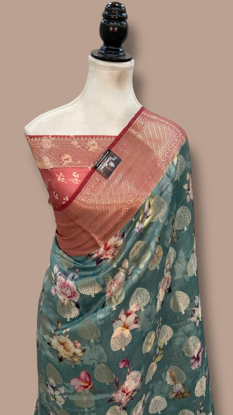 Pure Chiniya Silk Handloom Banarasi Saree Digital Print - The Handlooms