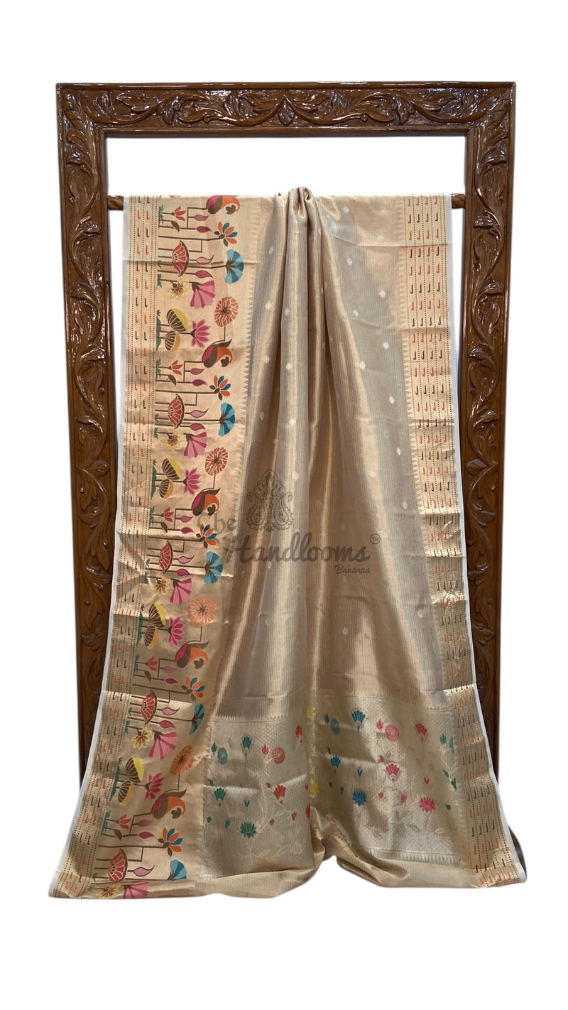Pure Kora Tissue Handloom Banarasi Saree - Paithani Border - The Handlooms