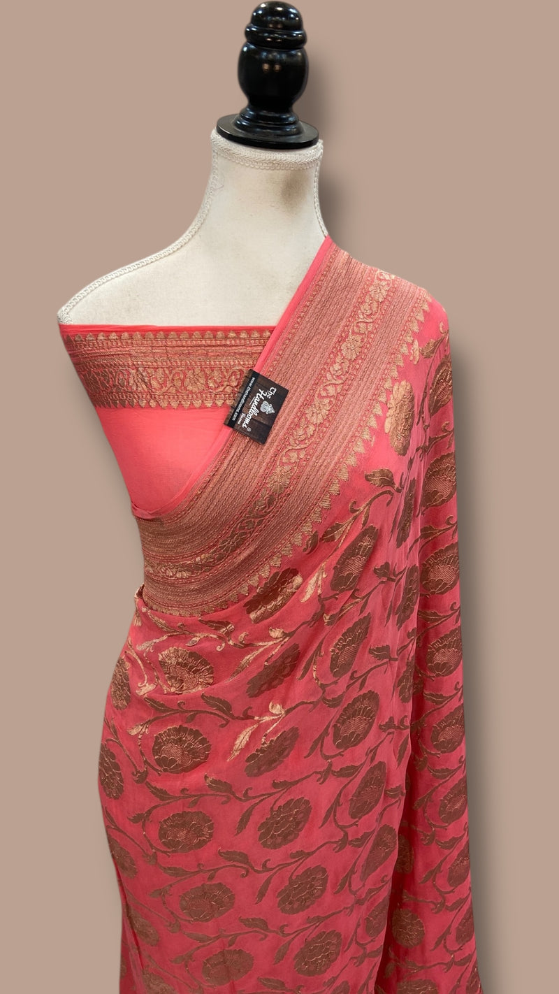 Pure Khaddi Georgette Handloom Banarasi Saree - Copper Zari