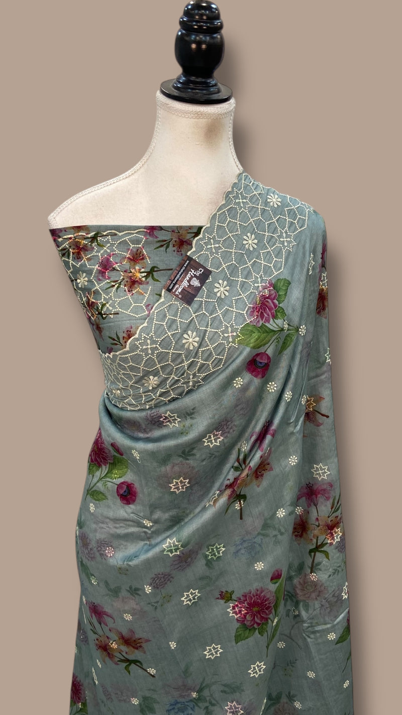 Pure Chiniya Silk Handloom Banarasi Saree with Chikankari