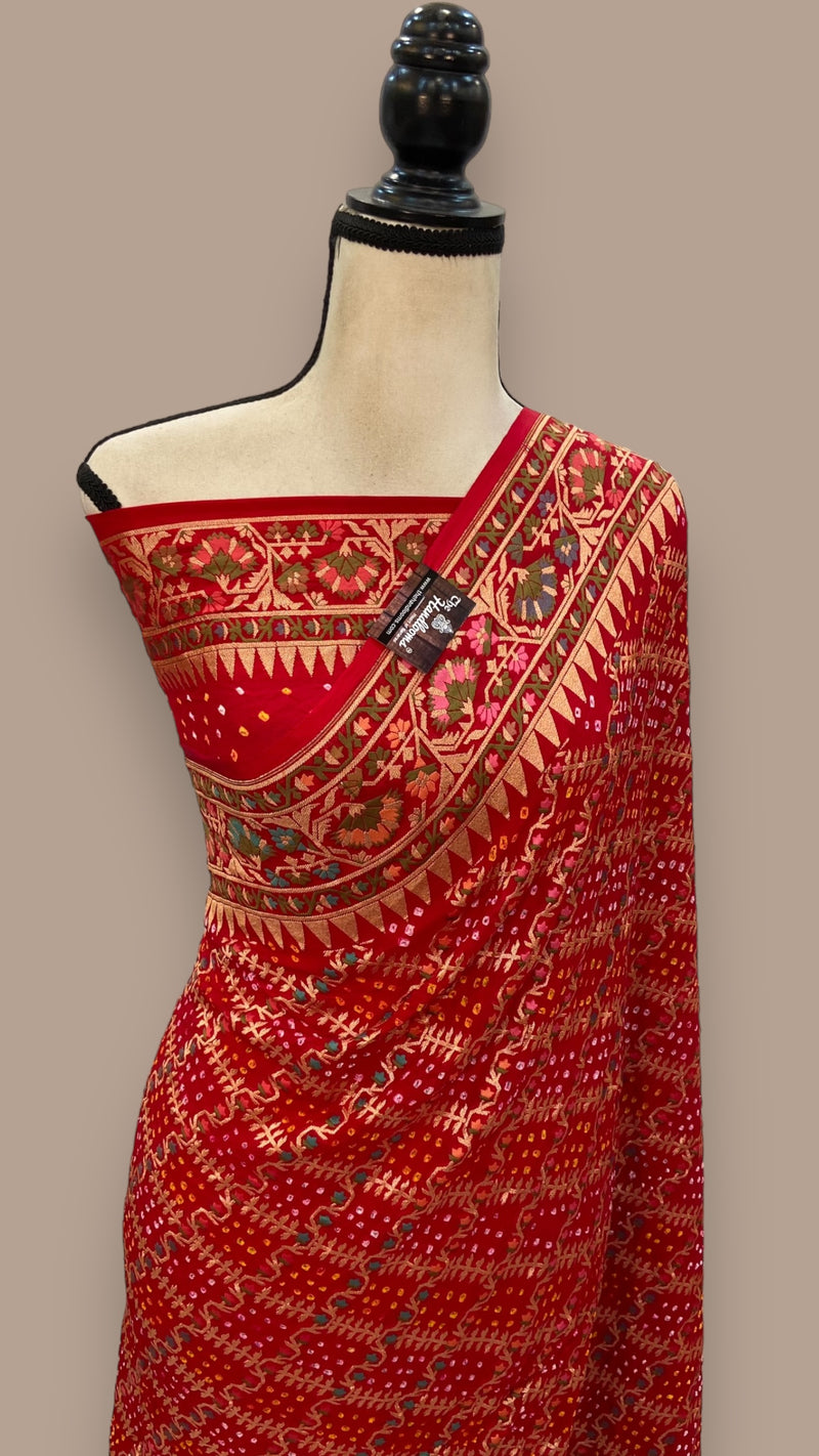 Pure Georgette Banarasi Bandhej Handloom Saree - with meenakari work - The Handlooms