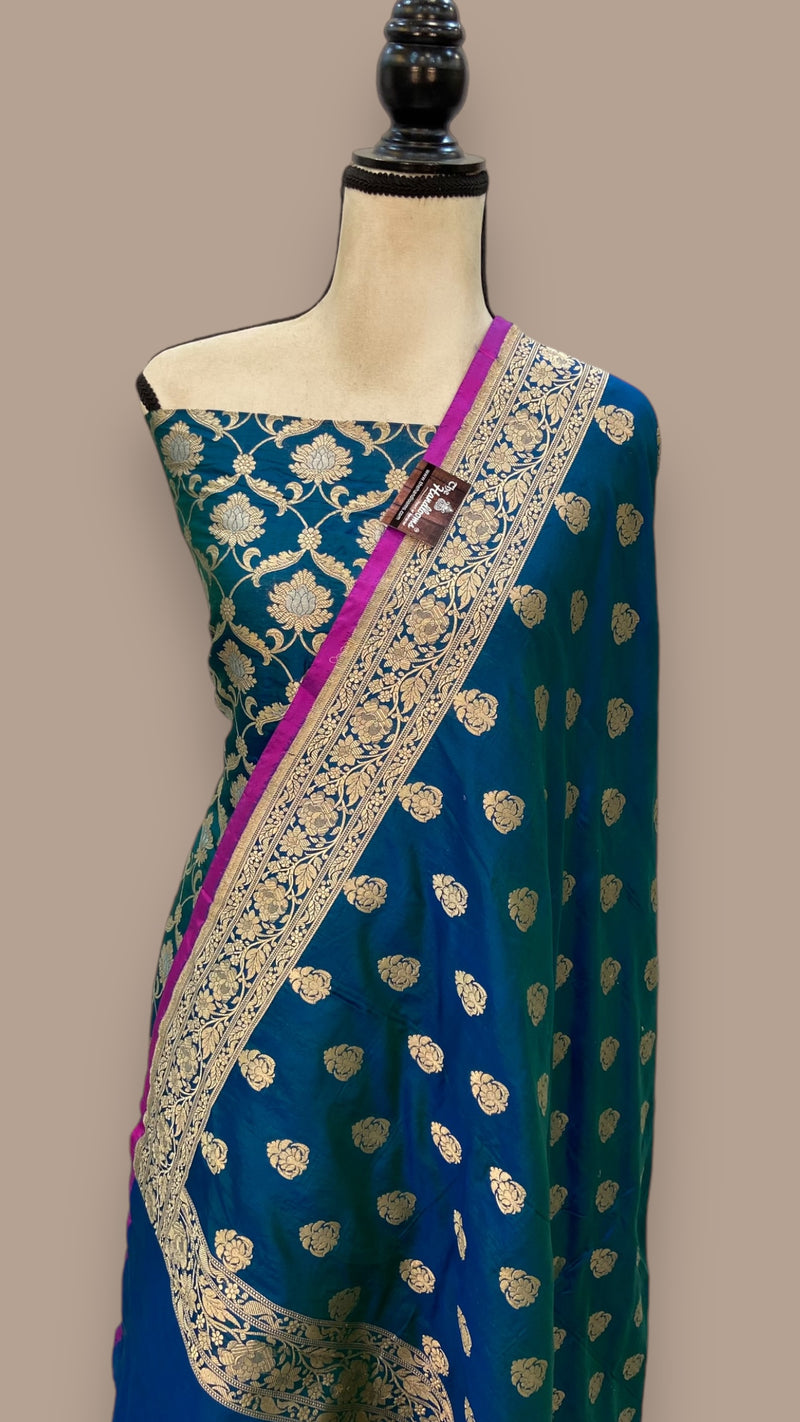 German Blue Pure Katan Silk Handlooms Banarasi Dress material all over sona roopa - The Handlooms