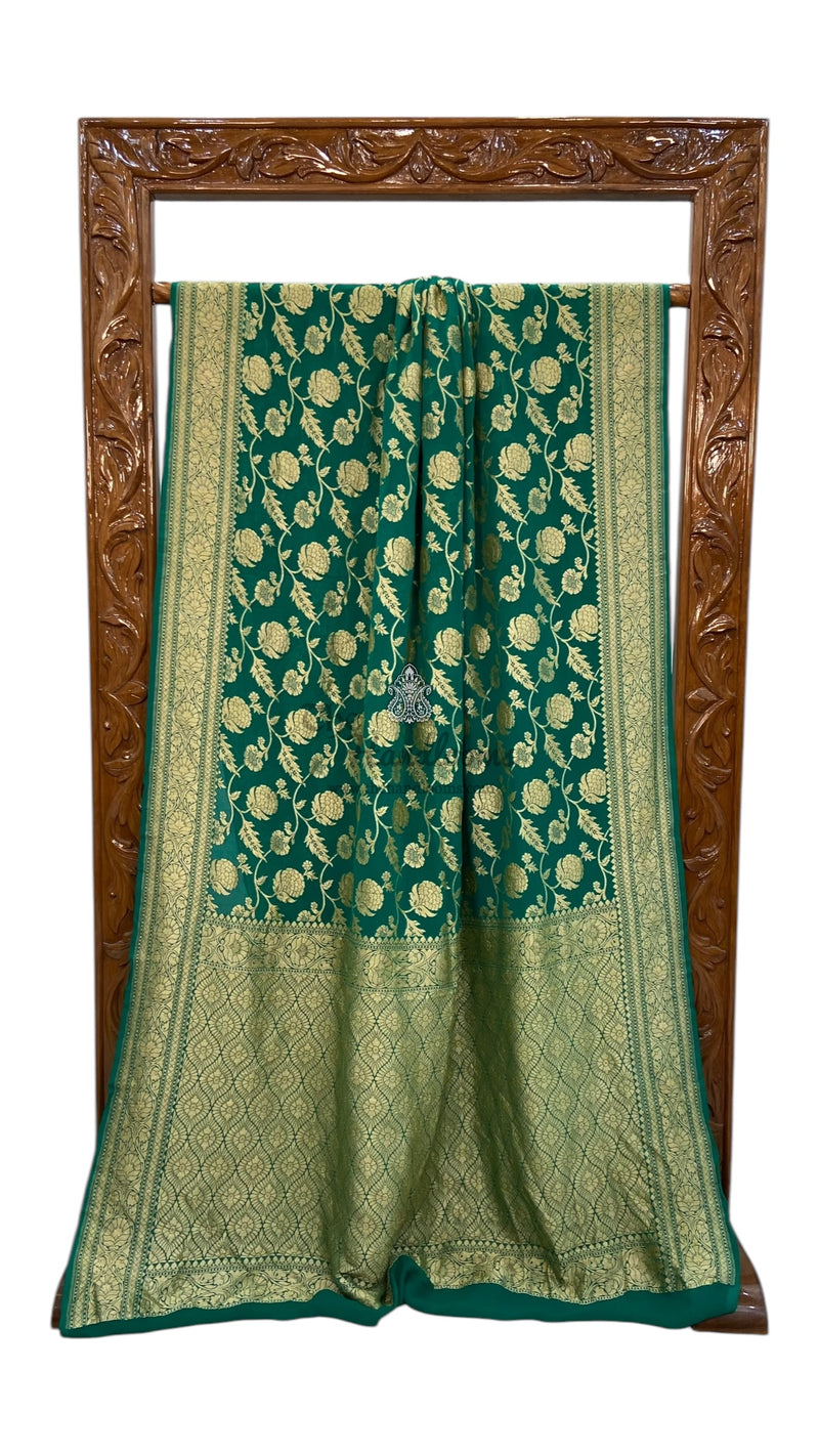 Green Pure Khaddi Georgette Handloom Banarasi Saree - Gold zari - The Handlooms