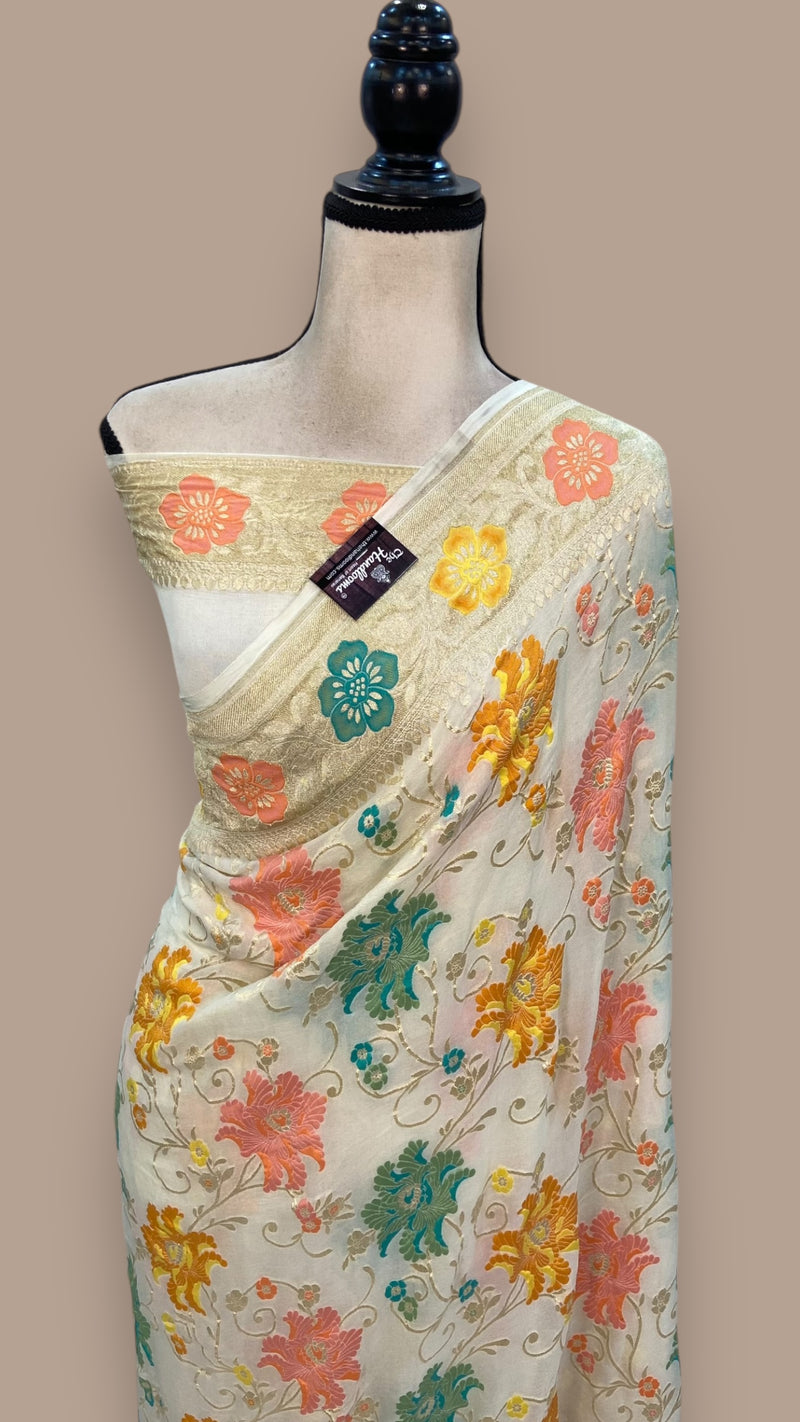 Pure Khaddi Georgette Handloom Banarasi Saree - All over Jaal Work With Meenakari - The Handlooms