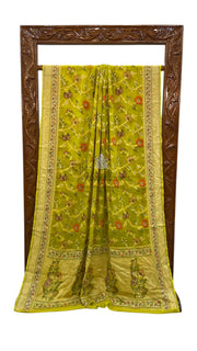Lime Green Pure Chiffon Khaddi Banarasi Saree - The Handlooms