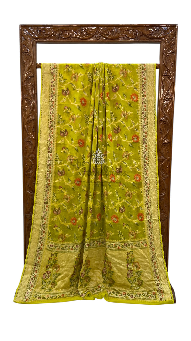 Lime Green Pure Chiffon Khaddi Banarasi Saree - The Handlooms