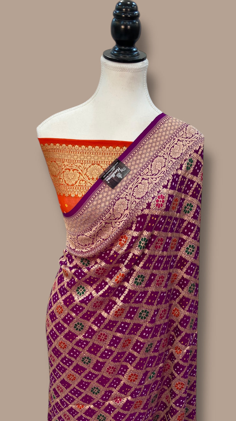 Pure Georgette Banarasi Bandhej Handloom Saree - with meenakari work - The Handlooms