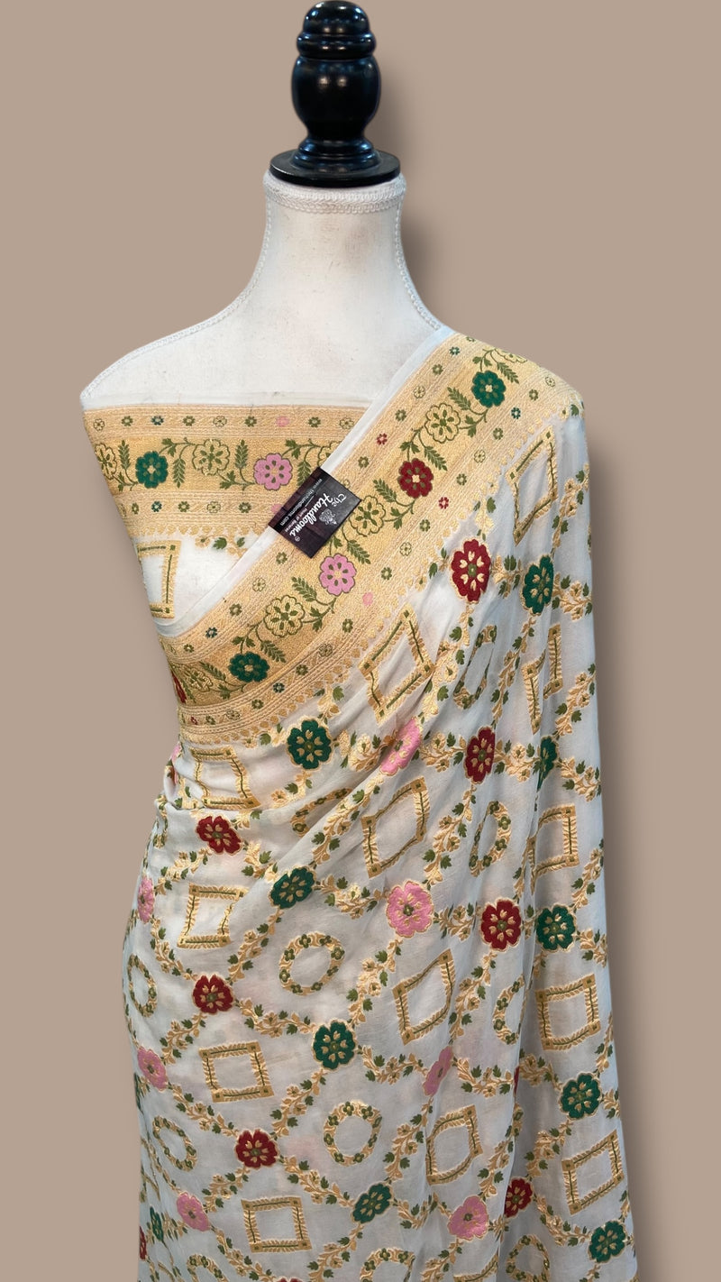 Pure Georgette Banarasi Handloom Saree - with meenakari work Gold Zari - The Handlooms