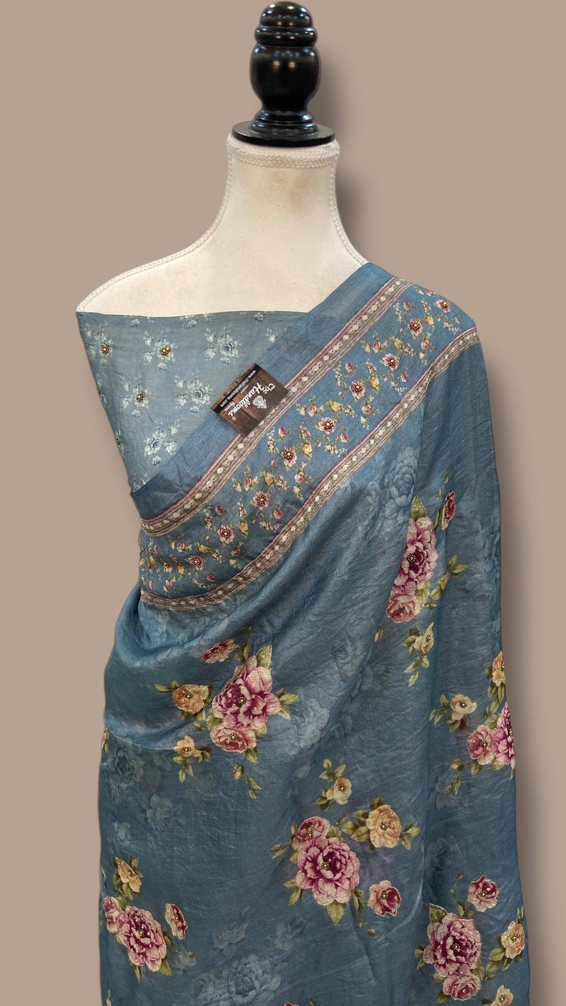 Pure Silk Handloom Banarasi Saree with Digital Print and Handwork - The Handlooms