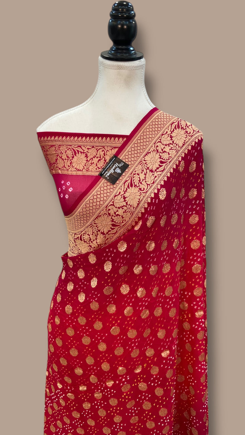 Dual Shade Pure Georgette Banarasi Bandhej Handloom Saree - The Handlooms