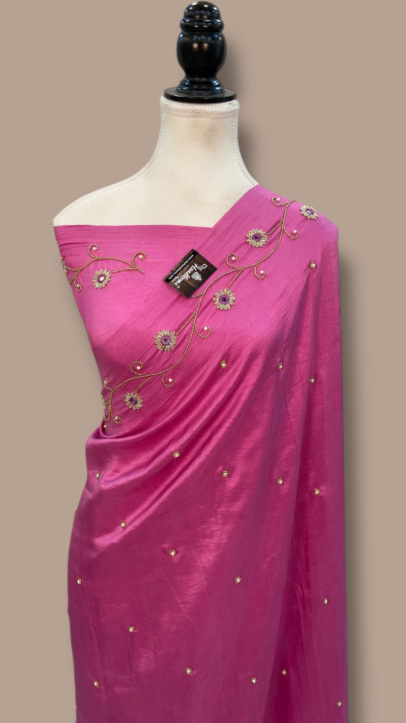 Pure katan Silk Handloom Banarasi Saree with Handwork: Zardozi, Diamond Chain, Katdana, and Abla Detailing - The Handlooms