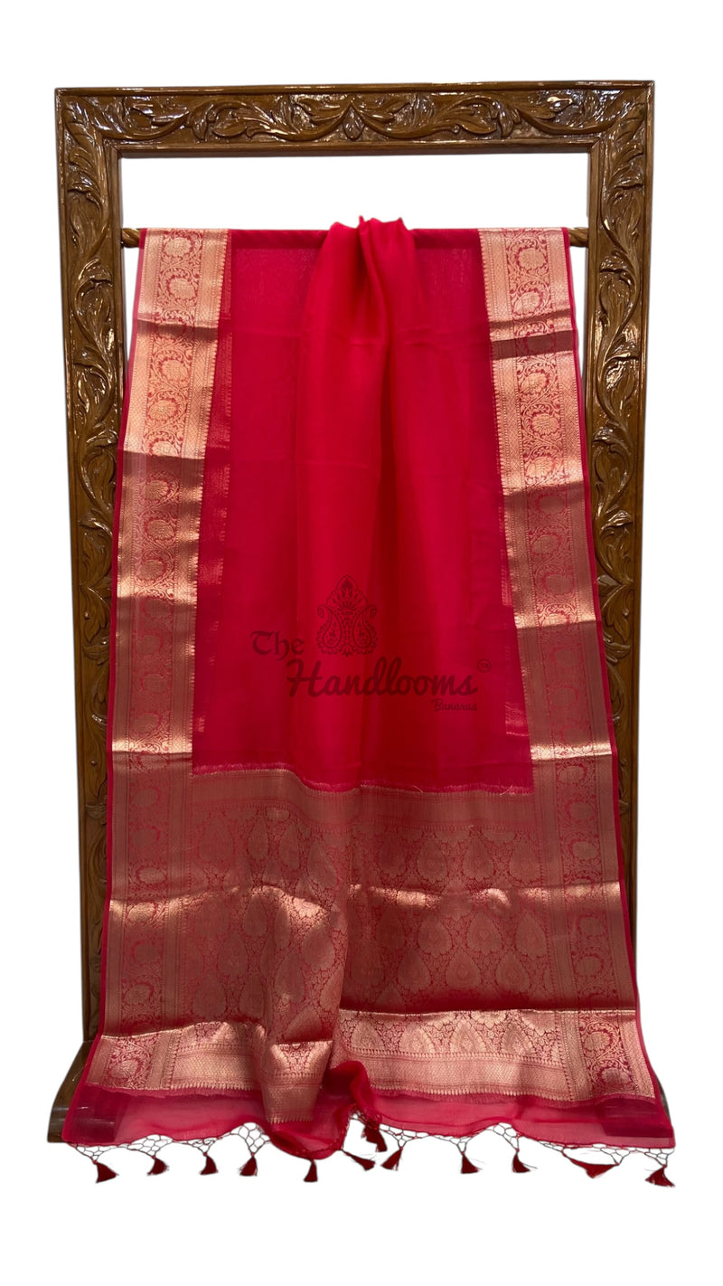 Hot Pink Pure Kora Handloom Banarasi Saree - The Handlooms