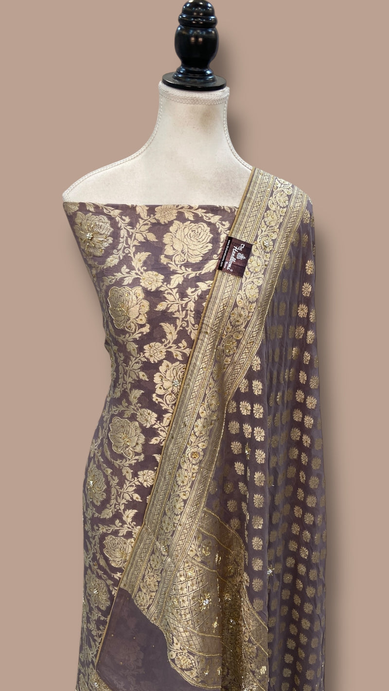 Pure Khaddi Georgette Handloom Banarasi Dress Material With Katdana,Zardozi,Stone,Diamond,Dapka - The Handlooms