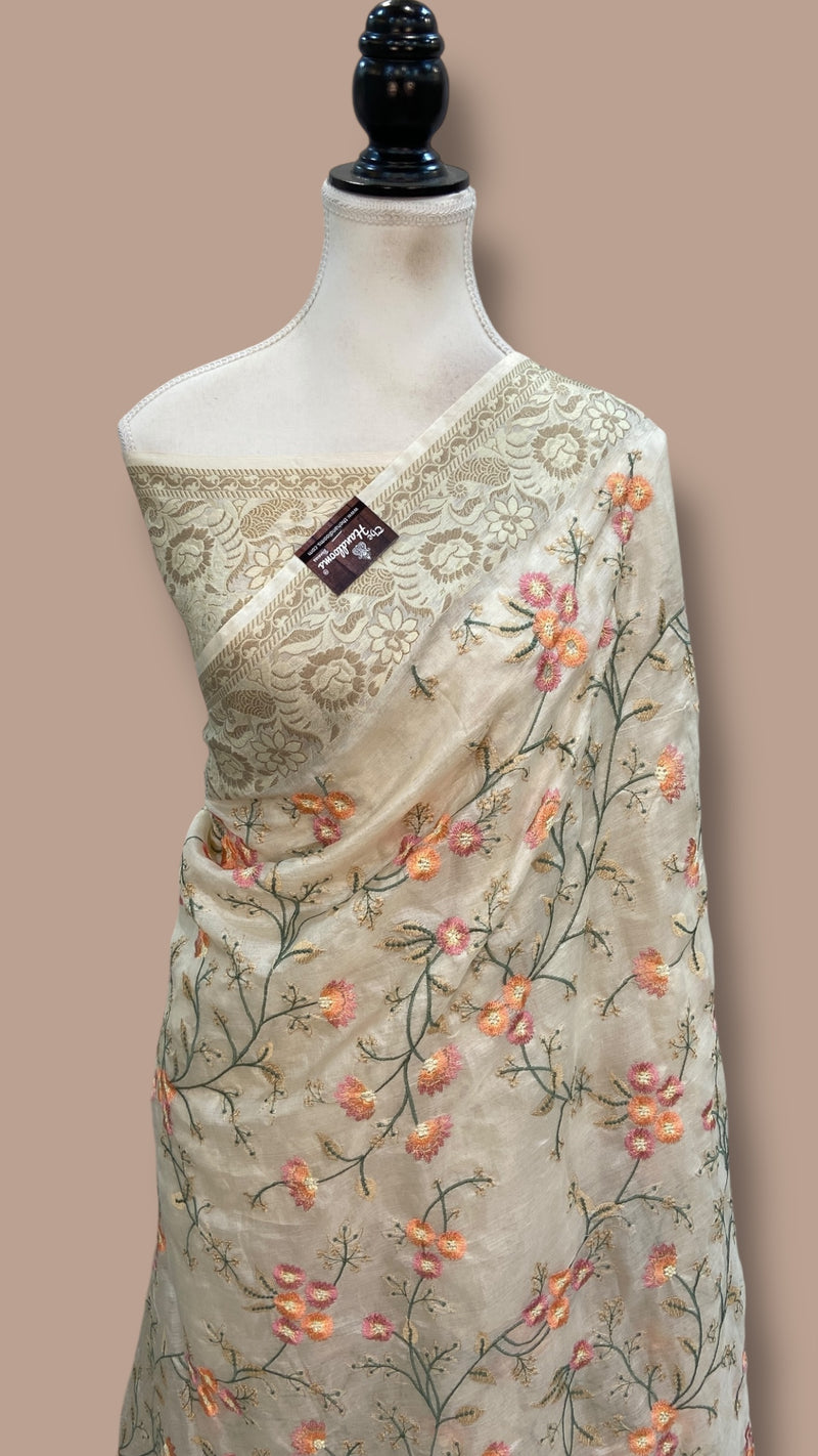 Tussar Silk Handloom Banarasi Saree With Chikankari - The Handlooms