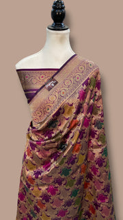 Multicolor Pure Katan Silk Banarasi Handloom Saree - All over Jaal Work With Rangkart - The Handlooms