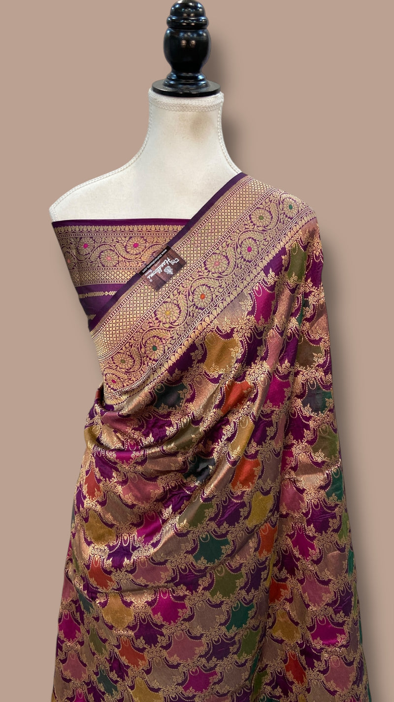 Multicolor Pure Katan Silk Banarasi Handloom Saree - All over Jaal Work With Rangkart - The Handlooms