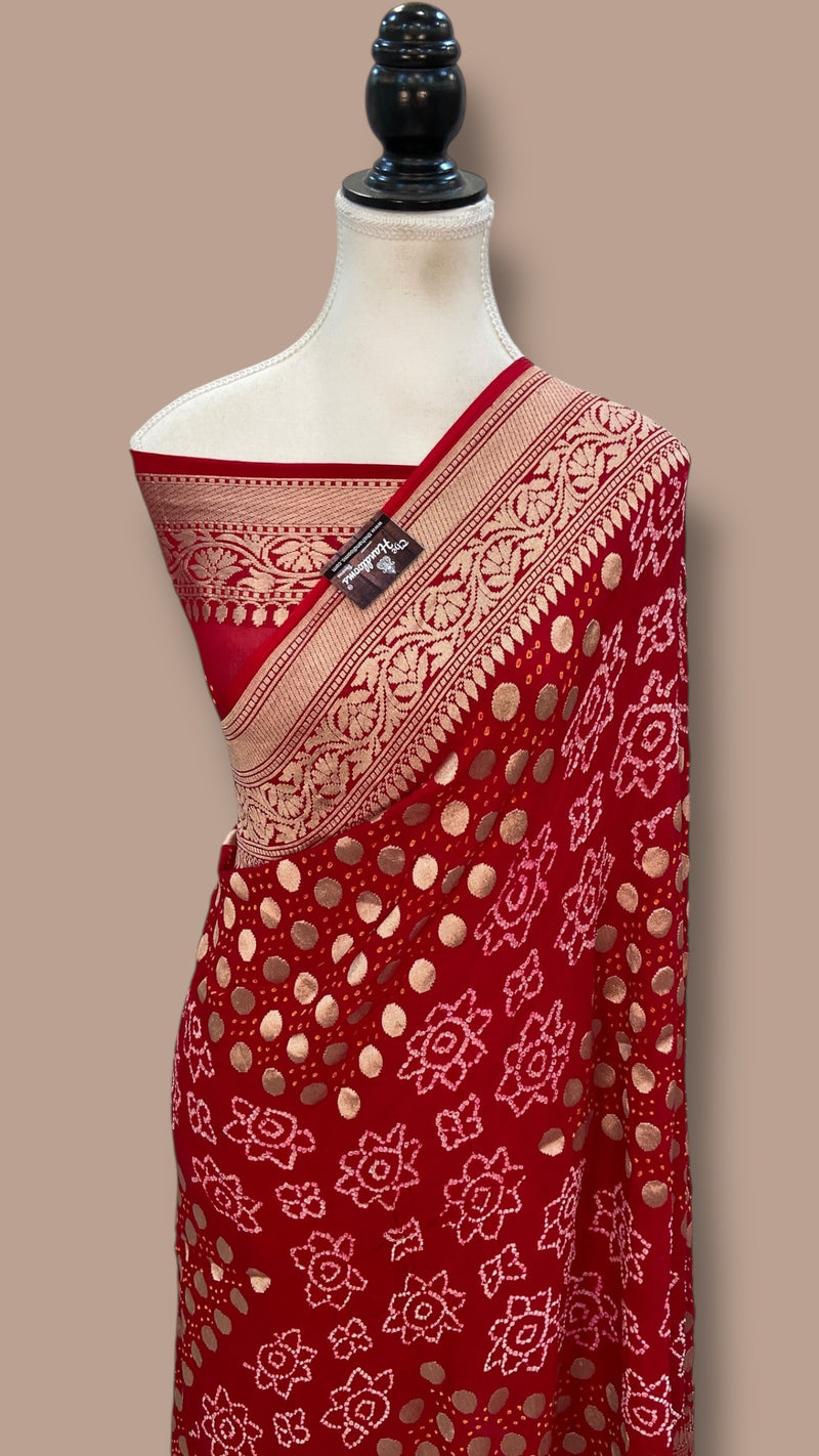 Pure Georgette Banarasi Bandhej Handloom Saree - Water Zari - The Handlooms