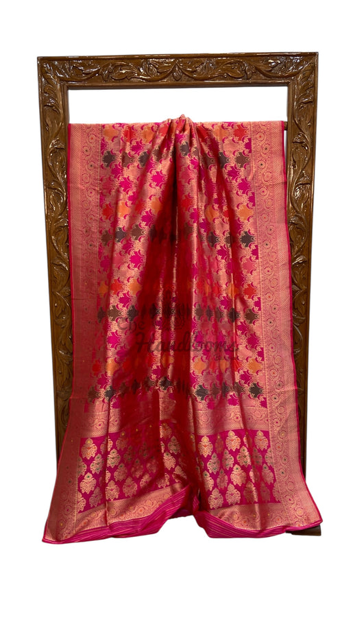 Multicolor Pure Katan Silk Banarasi Handloom Saree - All over Jaal Work With Rangkart - The Handlooms