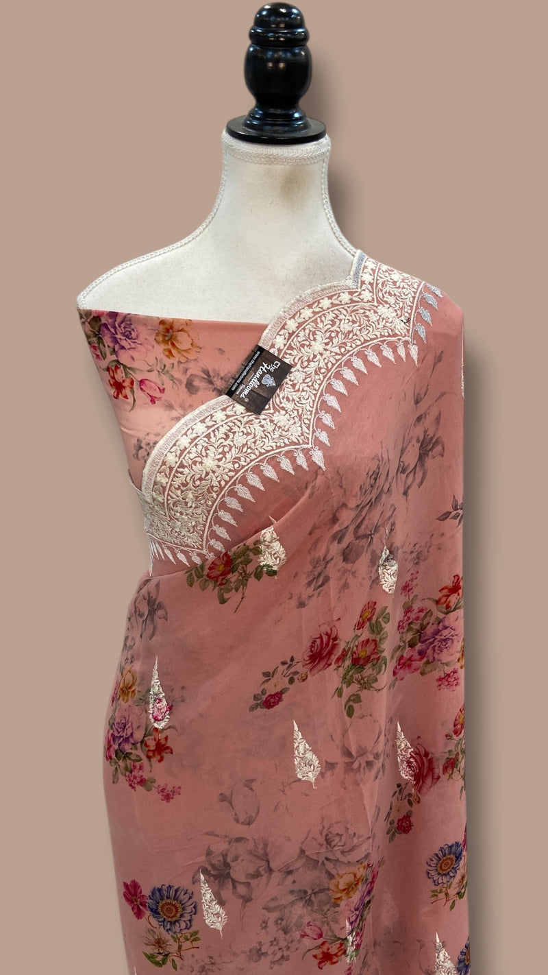 Pure Georgette Handloom Banarasi Saree - Digital Print With Chikankari