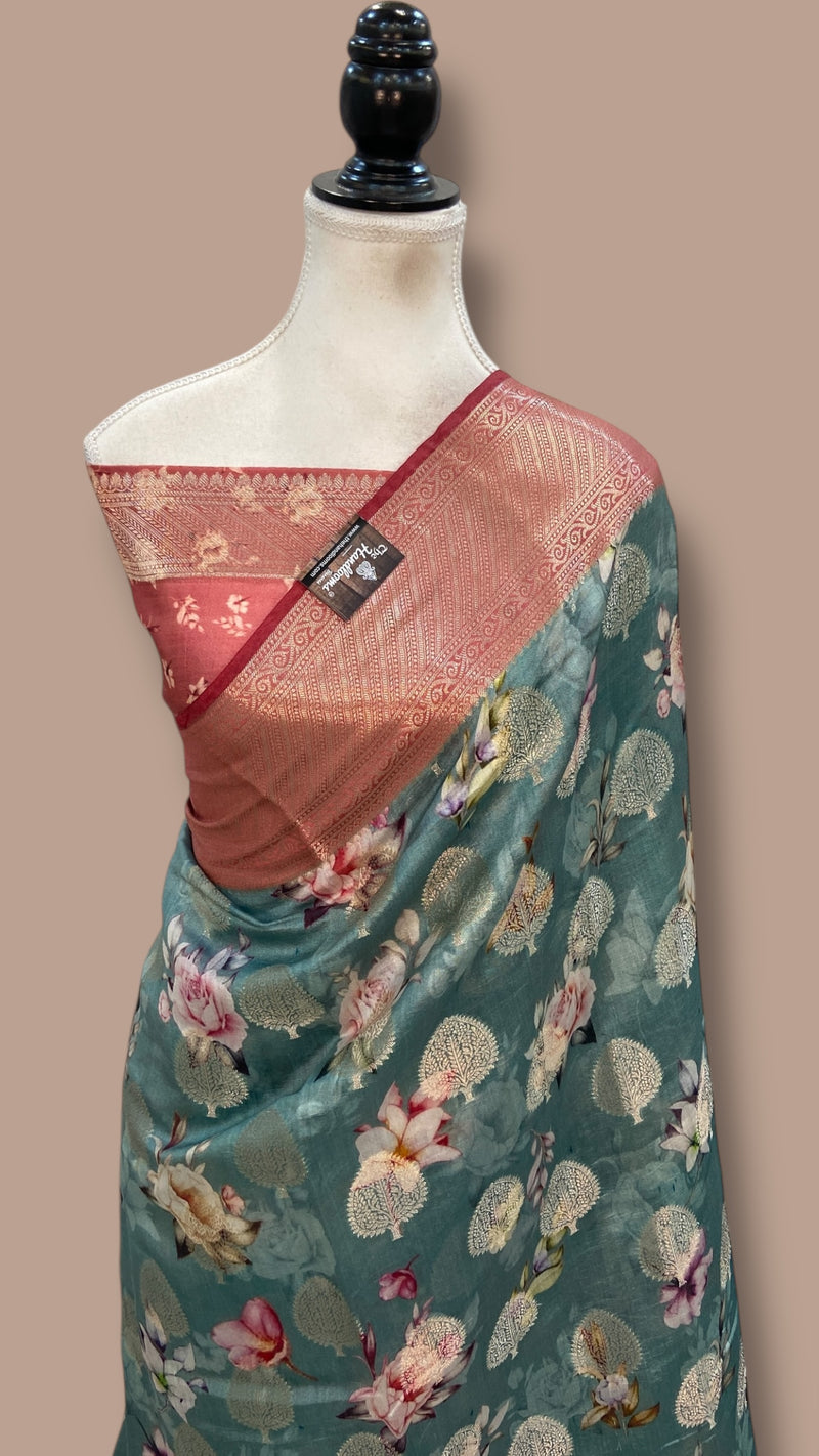 Pure Chiniya Silk Handloom Banarasi Saree Digital Print - The Handlooms