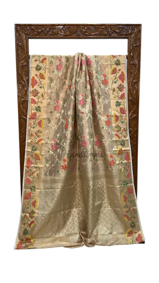 Pure Kora Tissue Handloom Banarasi Saree - Paithani Border - The Handlooms