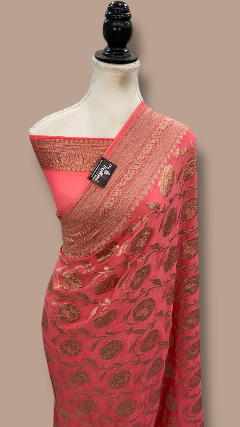 Pure Khaddi Georgette Handloom Banarasi Saree - Copper Zari