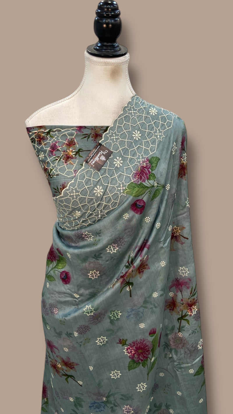 Pure Chiniya Silk Handloom Banarasi Saree with Chikankari