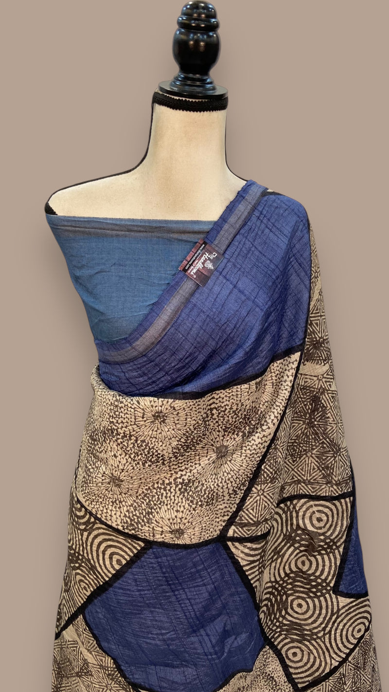 Pure Tussar Silk Handloom Banarasi Saree With Handprints - The Handlooms