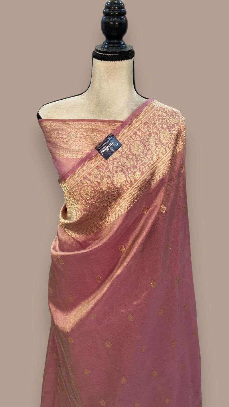 Onion Pink Pure tissue Katan Silk Banarasi Handloom Saree - All over Kadua motifs - The Handlooms