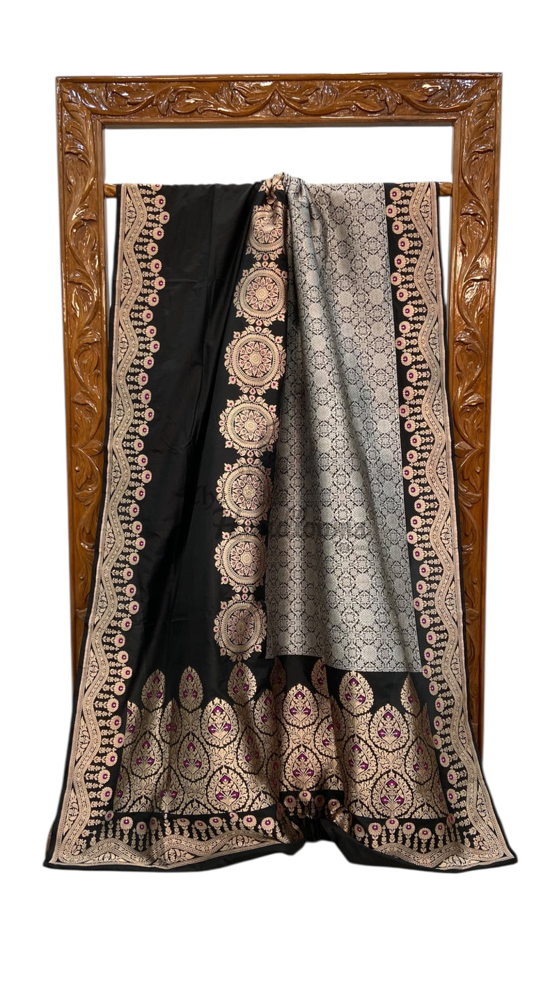 Black Pure Katan Silk Banarasi Handloom Saree - All Over Jaal Work - The Handlooms
