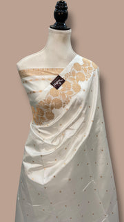 White Pure Katan Silk Banarasi Handloom Saree - All over Kadua motifs - The Handlooms