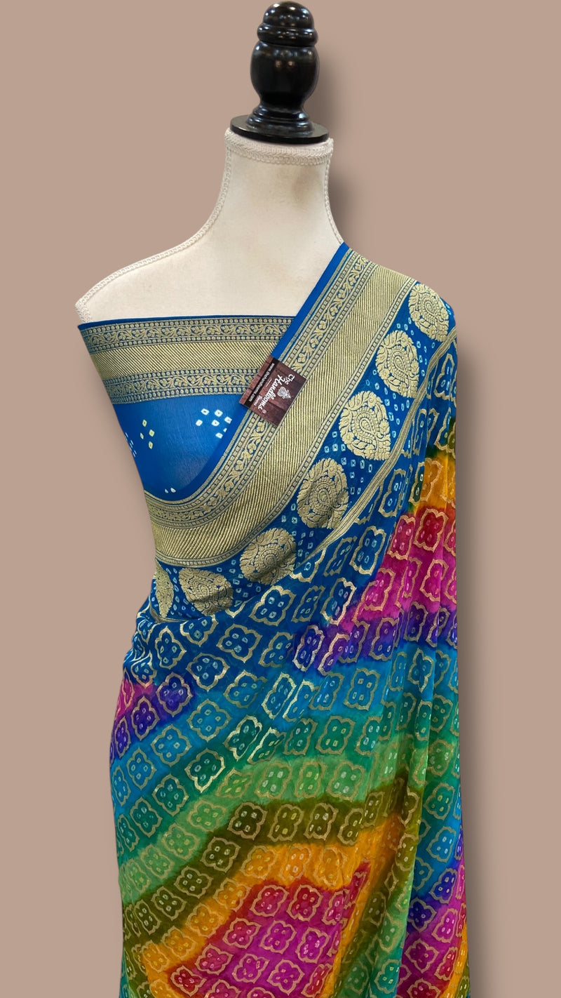 Pure Georgette Banarasi Bandhej Handloom Saree Multicolor - The Handlooms