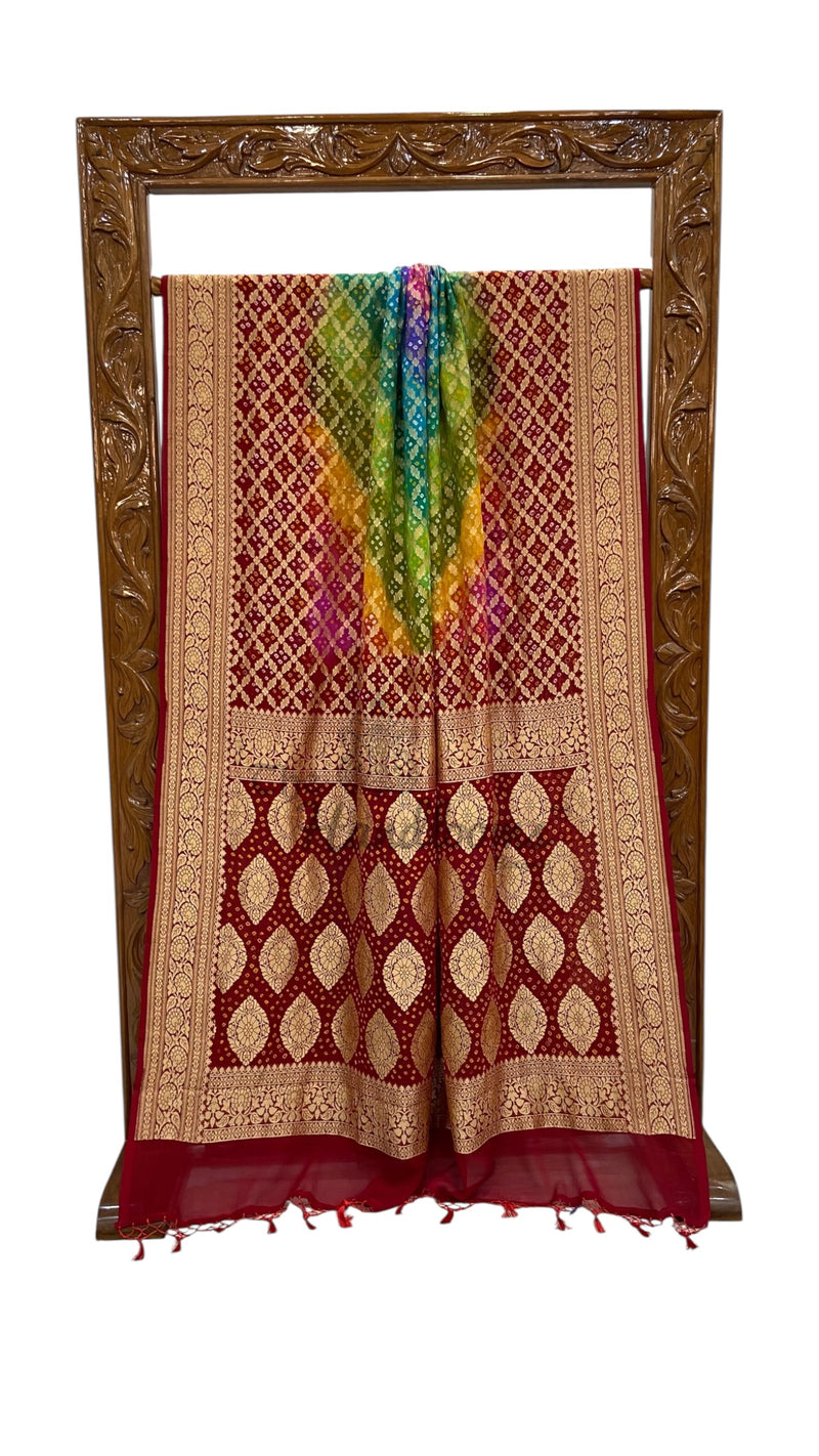 Pure Georgette Banarasi Bandhej Handloom Saree Multicolor - The Handlooms