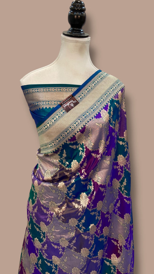 Multicolor Pure Katan Silk Banarasi Handloom Saree - All over Jaal Work With Rangkart - The Handlooms