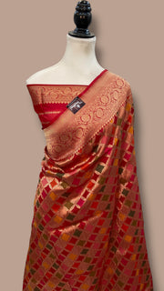 Multicolor Pure Katan Silk Banarasi Handloom Saree - All over Jaal Work With Rangkart - The Handlooms