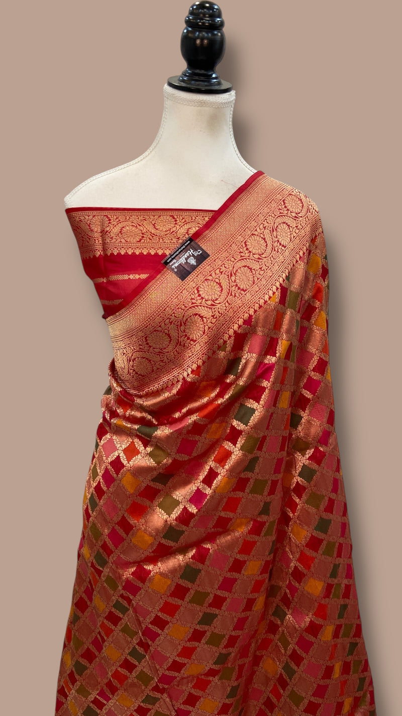 Multicolor Pure Katan Silk Banarasi Handloom Saree - All over Jaal Work With Rangkart - The Handlooms