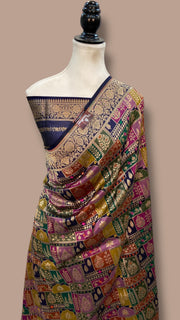 Multicolor Pure Katan Silk Banarasi Handloom Saree - All over Jaal Work With Rangkart - The Handlooms