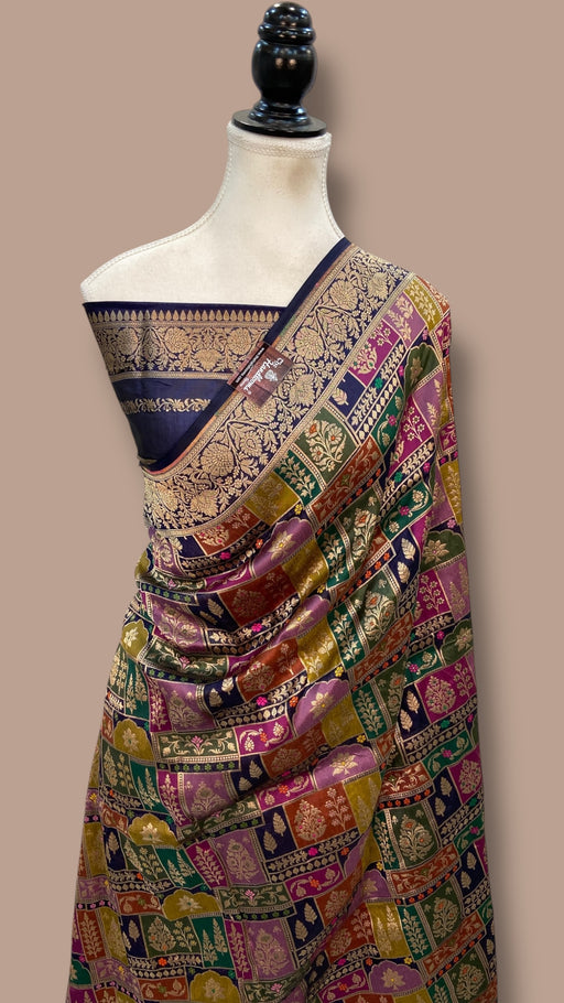 Multicolor Pure Katan Silk Banarasi Handloom Saree - All over Jaal Work With Rangkart - The Handlooms