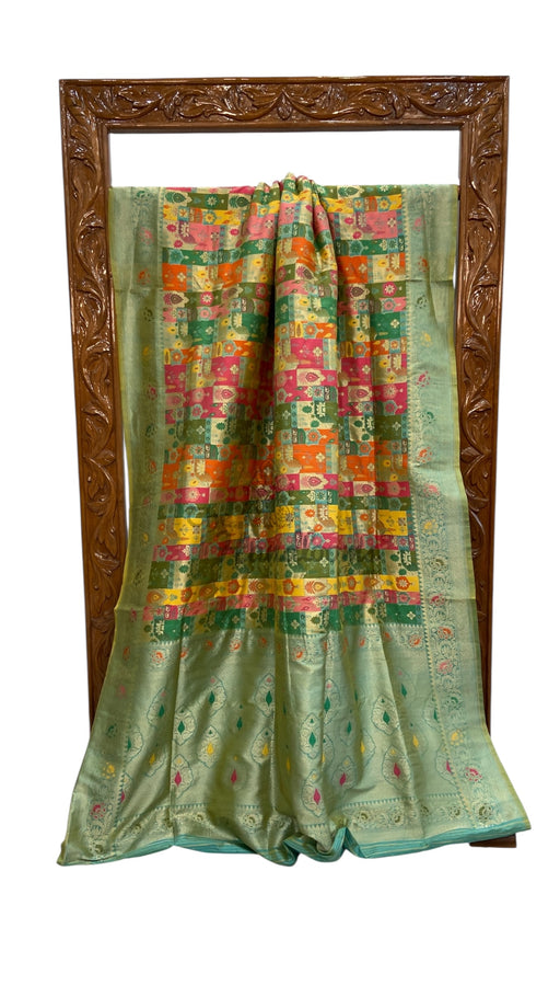 Multicolor Pure Katan Silk Banarasi Handloom Saree - All over Jaal Work With Rangkart - The Handlooms