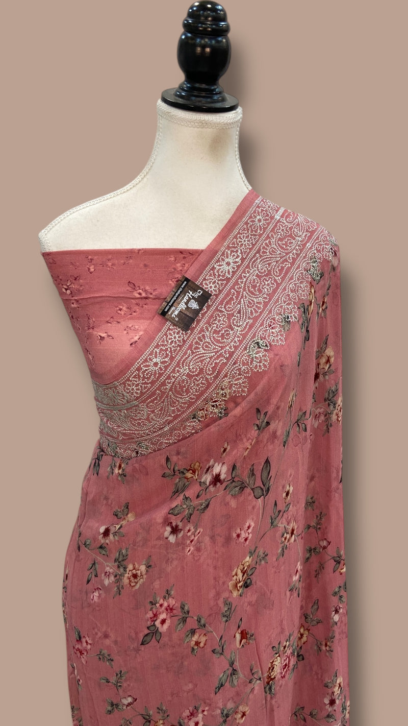Pure Georgette Handloom Banarasi Saree - Digital Print With Chikankari
