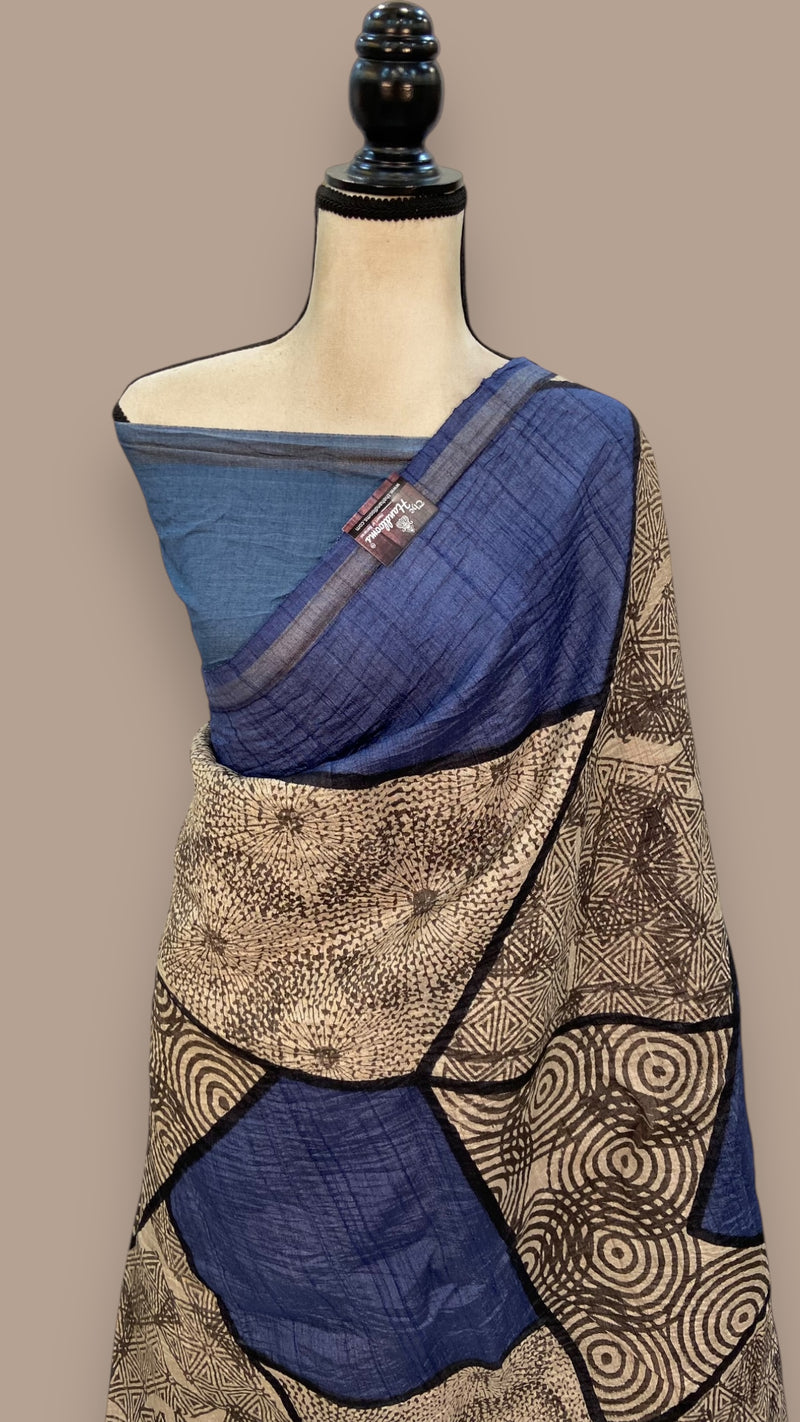 Pure Tussar Silk Handloom Banarasi Saree With Handprints - The Handlooms