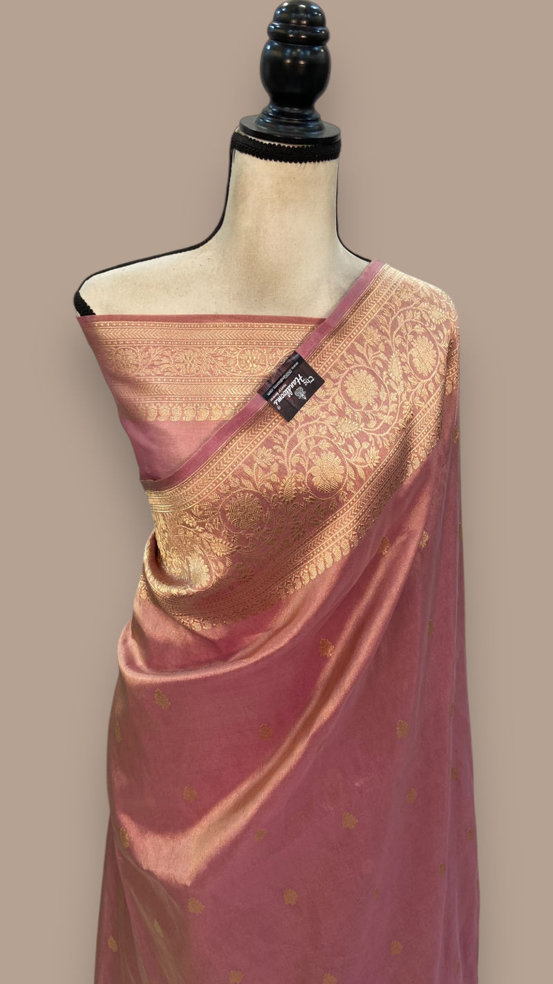 Onion Pink Pure tissue Katan Silk Banarasi Handloom Saree - All over Kadua motifs - The Handlooms