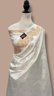 White Pure Katan Silk Banarasi Handloom Saree - All over Kadua motifs - The Handlooms