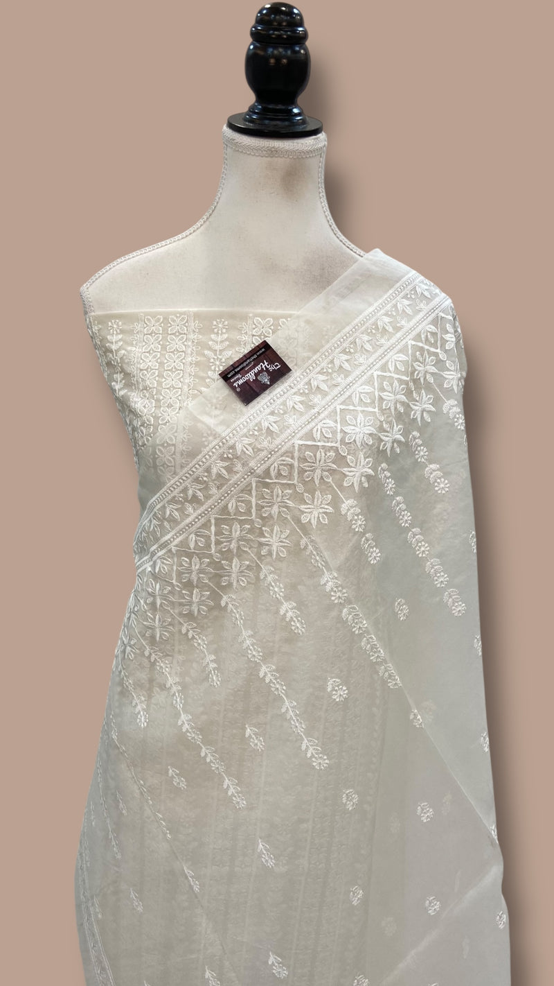 Pure Organza Chikankari Handloom Banarasi Dress Material - The Handlooms