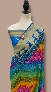 Pure Georgette Banarasi Bandhej Handloom Saree Multicolor - The Handlooms