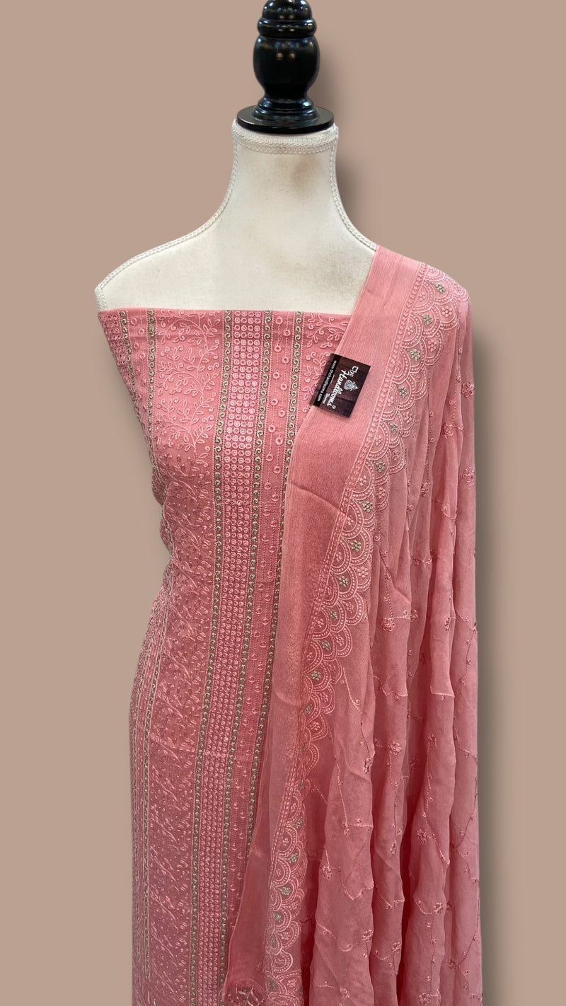 Pure Georgette Banarasi Chikankari Dress material - The Handlooms