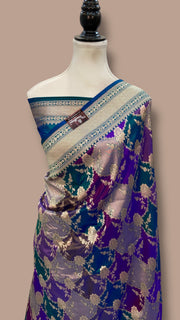 Multicolor Pure Katan Silk Banarasi Handloom Saree - All over Jaal Work With Rangkart - The Handlooms