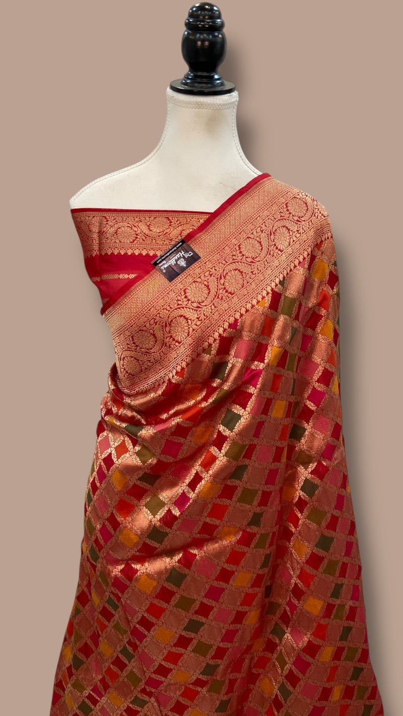 Multicolor Pure Katan Silk Banarasi Handloom Saree - All over Jaal Work With Rangkart - The Handlooms