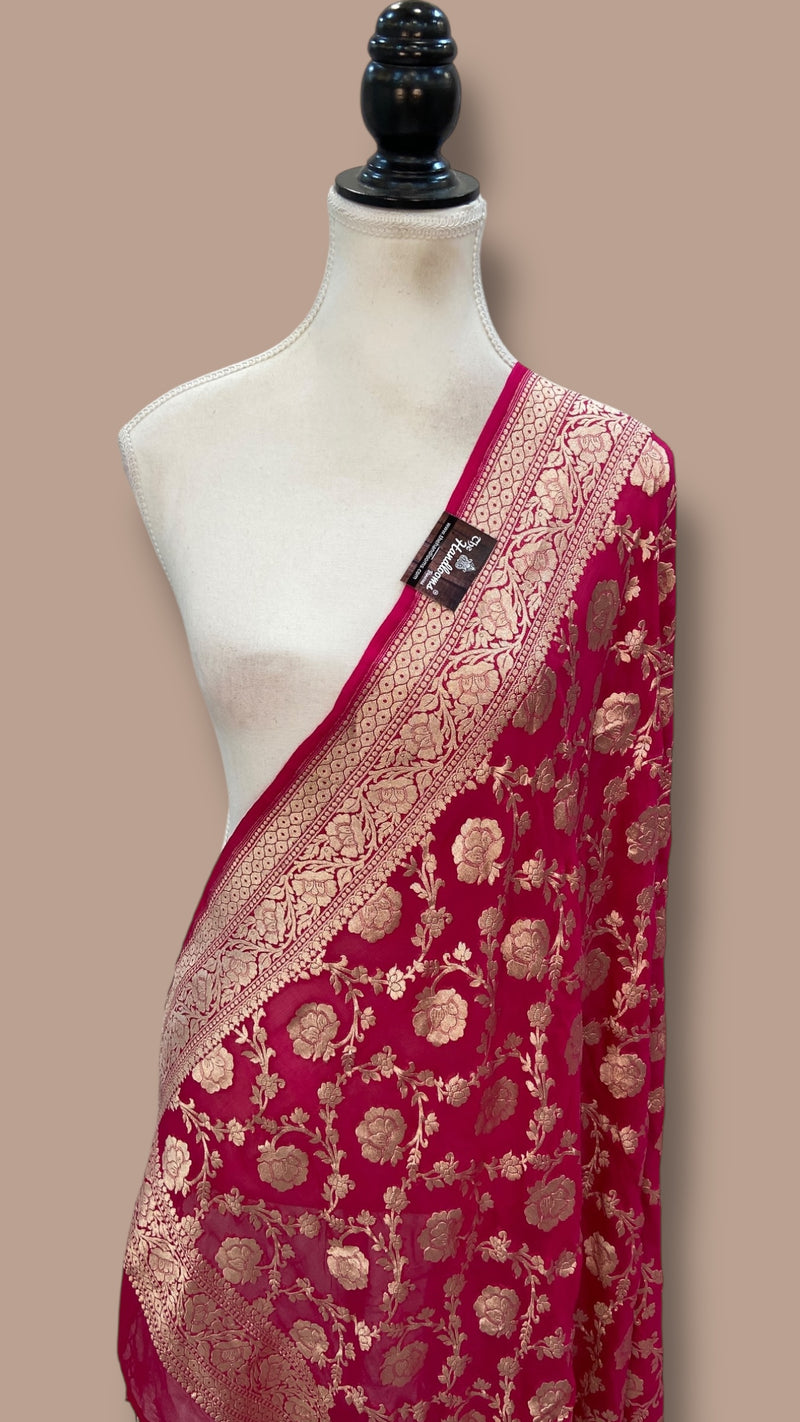 Hot Pink Pure Khaddi Georgette Handloom Dupatta - The Handlooms